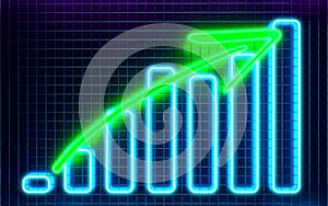 Futuristic glowing blue diagram growth chart with green rising arrow on dark background with blurred reflections