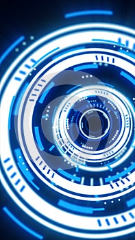 Futuristic glowing blue digital interface with rotating circular HUD elements and sci-fi motion design