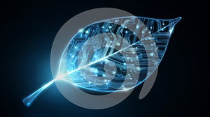 Futuristic glowing blue leaf with digital circuit board design on dark background