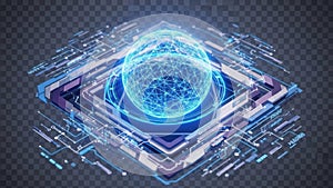 Futuristic glowing blue sphere on a complex technological platform technology digital