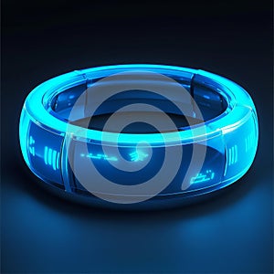 Futuristic glowing blue technological ring with digital interface
