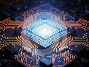 Futuristic glowing central processor unit with intricate circuitry and blue light
