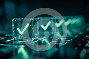 Futuristic glowing check marks inside transparent cubes arranged in a digital sequence symbolizing tasks completion and