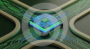 Futuristic glowing circuit board with central processor chip and data flow computer chip