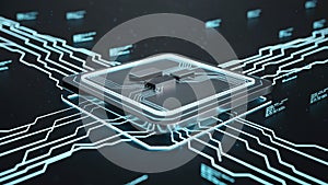 Futuristic glowing circuit board with central processor and data streams