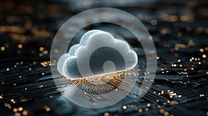 Futuristic glowing cloud icon on digital circuit board background, symbolizing modern cloud computing technology