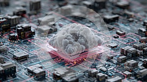 Futuristic glowing computer chip with illuminated cloud icon