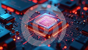 Futuristic glowing CPU on circuit board. Hi-tech microchip processor close-up shows complex data processing, advanced computing