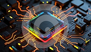 Futuristic glowing CPU processor on a circuit board with orange light trails computer chip microchip