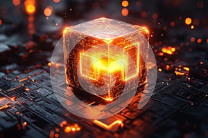 Futuristic glowing cube amidst a complex circuit background with intricate patterns