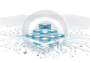 Futuristic glowing cube cluster on abstract circuit board technology concept