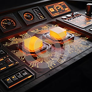Futuristic glowing cubes on a complex circuit board control panel