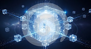 Futuristic Glowing Data Cube Network in Space