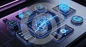 Futuristic glowing data cubes and electronic circuits in a digital network concept