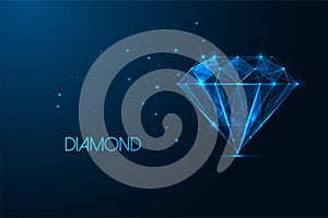 Futuristic glowing diamond symbol isolated on blue background. Luxury, value concept.