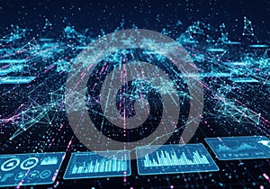 Futuristic glowing digital data stream and holographic interfaces with technological analysis