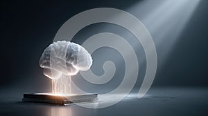 Futuristic glowing digital hologram of a brain emerging from a computer microchip. Concept of artificial intelligence