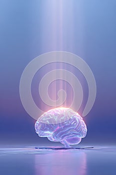 Futuristic glowing digital hologram of a brain emerging from a computer microchip. Concept of artificial intelligence
