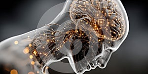 Futuristic glowing digital hologram of a brain emerging from a computer microchip. Concept of artificial intelligence