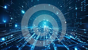 Futuristic Glowing Digital Matrix with Cyber Network Grid. Technology Background