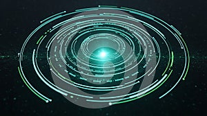 Futuristic glowing green circular interface with data streams and light abstract background