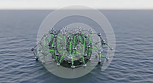 Futuristic glowing green nanostructure on dark liquid