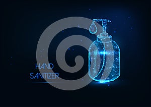 Futuristic glowing hand sanitizer bottle with alcohol gel liquid drop on dark blue background.