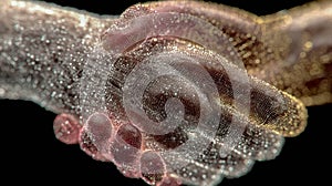 Futuristic glowing handshake made of wireframe particles symbolizing technology, trust, and digital connection