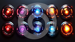 Futuristic glowing interface buttons, dark background, digital design elements