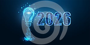 Futuristic 2026 and glowing light bulb, innovation and new ideas in digital future concept