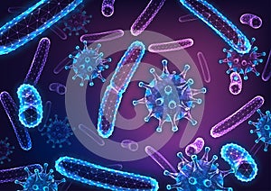 Futuristic glowing low polygonal abstract background with bacilli bacteria and flu virus cells