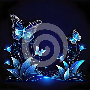 Futuristic glowing low polygonal beautiful flowers and butterfly at night landscape on dark blue background