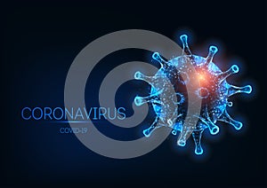 Futuristic glowing low polygonal Coronavirus covid-19 cell isolated on dark blue background.
