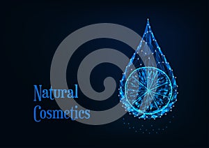 Futuristic glowing low polygonal essential oil drop with lemon slice on dark blue background.