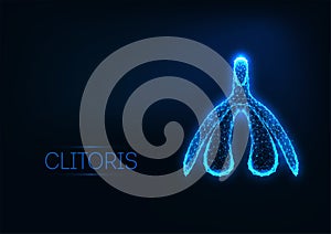 Futuristic glowing low polygonal female organ clitoris isolated on dark blue