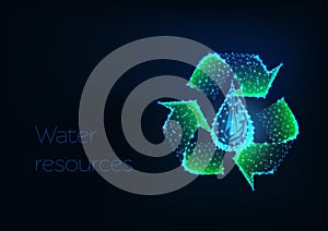 Futuristic glowing low polygonal green recycle sign with water drop on dark blue background.