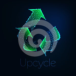 Futuristic glowing low polygonal green upcycle symbol isolated on dark blue background.