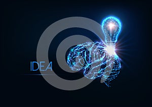 Futuristic glowing low polygonal idea, brainstorm concept with human brain and electric light bulb