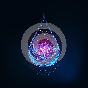 Futuristic glowing low polygonal pink lotus flower inside of water drop on dark blue background.