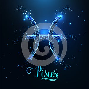 Futuristic glowing low polygonal Pisces zodiac sign concept on dark blue background.