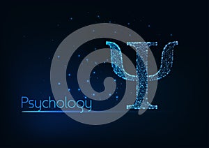 Futuristic glowing low polygonal psi letter, symbol of psychology isolated on dark blue background. photo