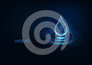 Futuristic glowing low polygonal water drop with splash ripples isolated on dark blue background