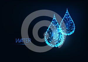 Futuristic glowing low polygonal water drops isolated on dark blue background.