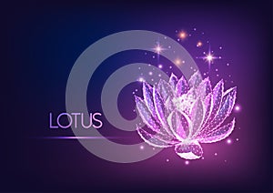 Futuristic glowing low polygonal waterlily, lotus flower with stars isolated on dark blue to purple gradient background.