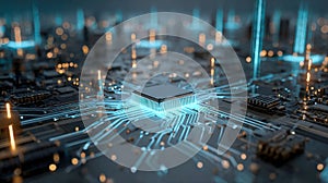 Futuristic glowing microchip at the center of a circuit board with blue light trails and electronic components symbolizing