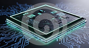 Futuristic glowing microchip on a circuit board with neon lights, symbolizing advanced technology