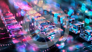 Futuristic Glowing Microchip Circuit with Vibrant Neon Colors and Binary Code