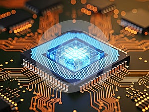 Futuristic glowing microchip processor on a circuit board