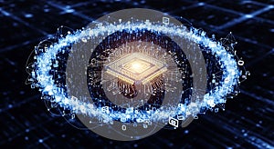 Futuristic glowing microprocessor chip powering an abstract global digital data processing network concept.