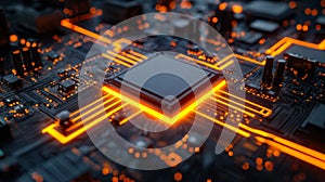 Futuristic glowing microprocessor on circuit board with neon accents